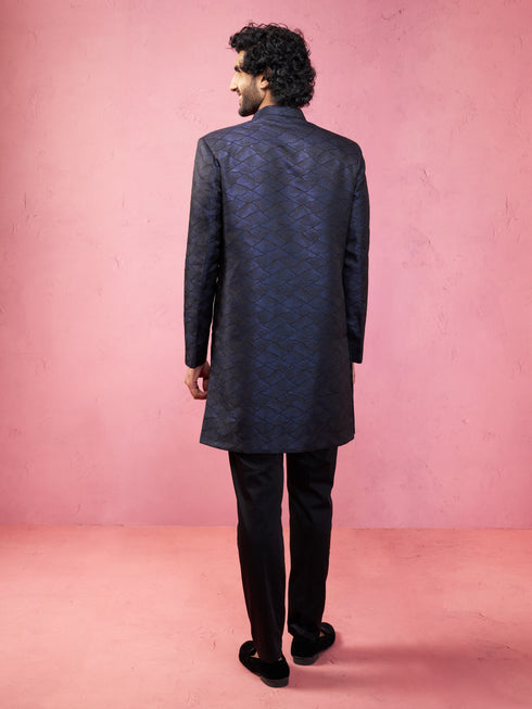 Men's Navy Blue Silk Blend Indowestern And Pant Set
